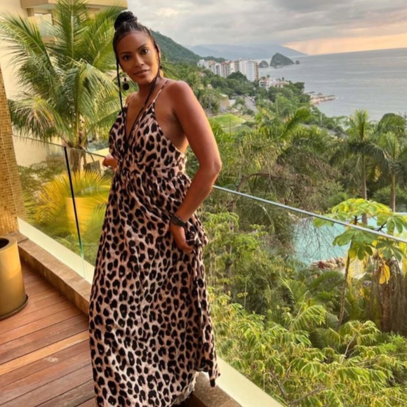 Backless Cheetah Maxi Dress Criss Cross V-Neck - Picture 10 of 16